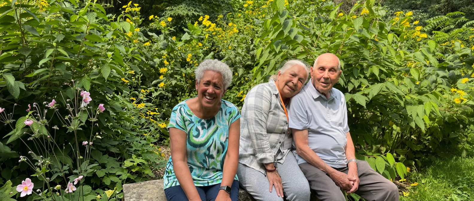 Three Evergreen members laughing together on a bench during an afternoon outing